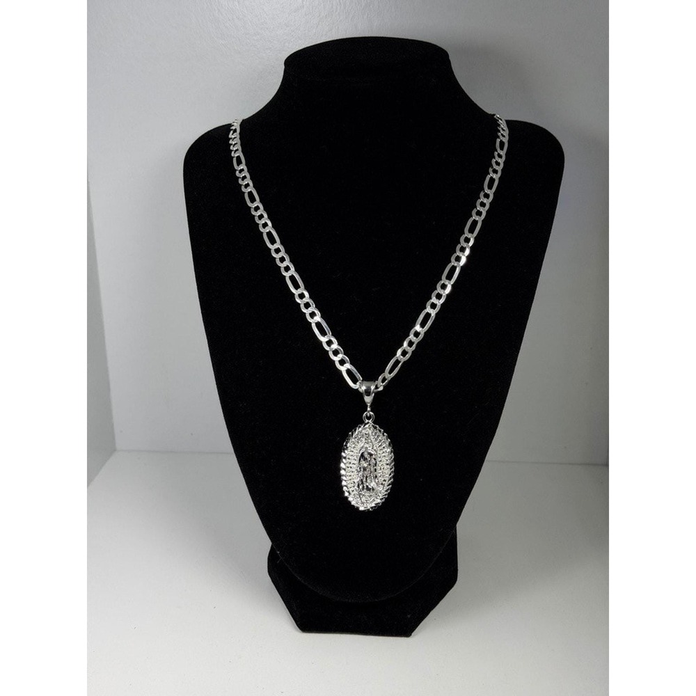 925 Sterling Silver Virgin Mary Guadalupe Pendant Necklace 26 Inch Figaro Chain